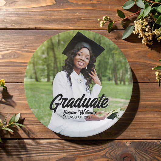 Graduate Photo Bold Black Script Graduation Party ペーパープレート