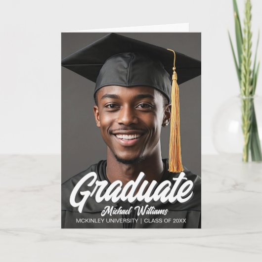 Graduate Photo Bold Script Folded Graduation 案内状 (正面)