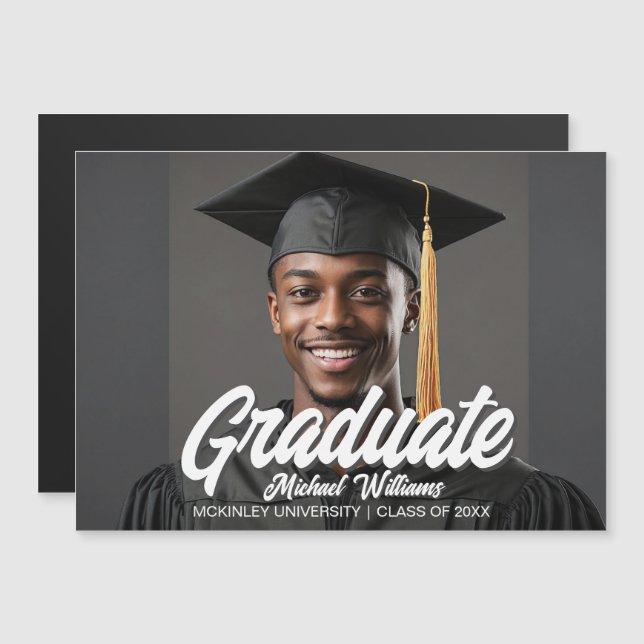 Graduate Photo Bold Script Graduation Magnet Card (正面/裏面)