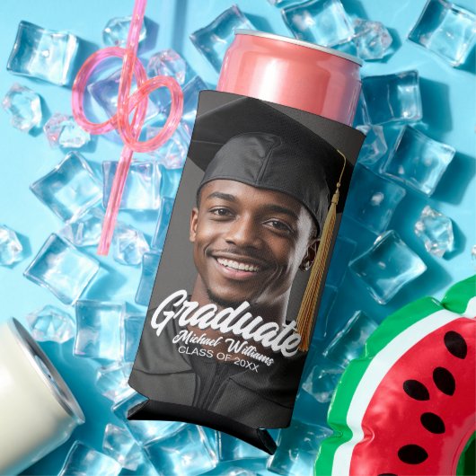 Graduate Photo Bold Script Graduation Party Favor スリム缶クーラー (インサイチュ 夏)