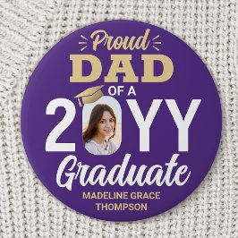 Graduate Photo Proud Dad Modern Purple and Gold 缶バッジ