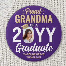 Graduate Photo Proud Grandma Modern Purple & Gold 缶バッジ