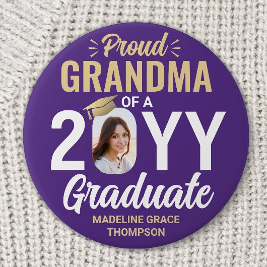 Graduate Photo Proud Grandma Modern Purple & Gold 缶バッジ