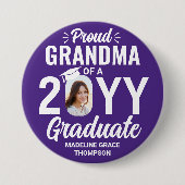Graduate Photo Proud Grandma Modern Purple & White 缶バッジ (正面)