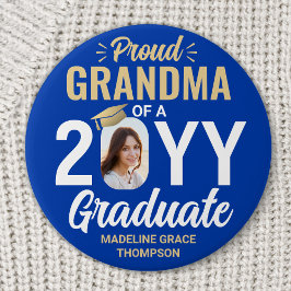 Graduate Photo Proud Grandma Royal Blue and Gold 缶バッジ