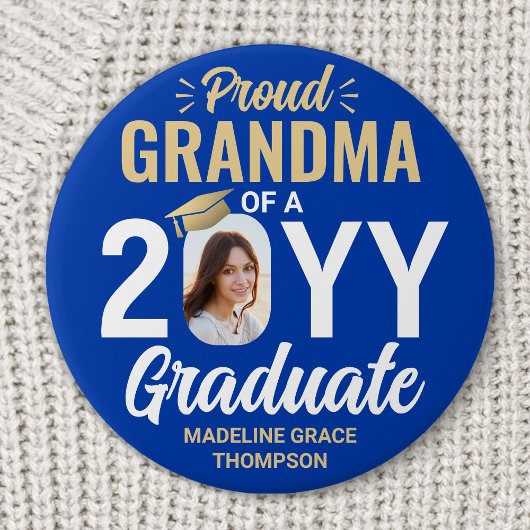 Graduate Photo Proud Grandma Royal Blue and Gold 缶バッジ