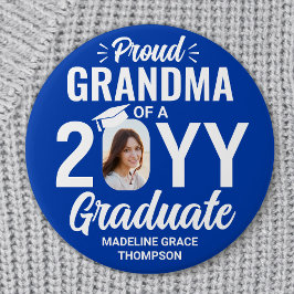 Graduate Photo Proud Grandma Royal Blue and White 缶バッジ