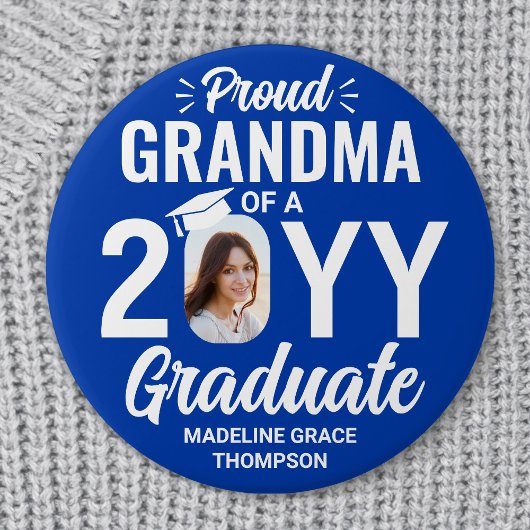 Graduate Photo Proud Grandma Royal Blue and White 缶バッジ