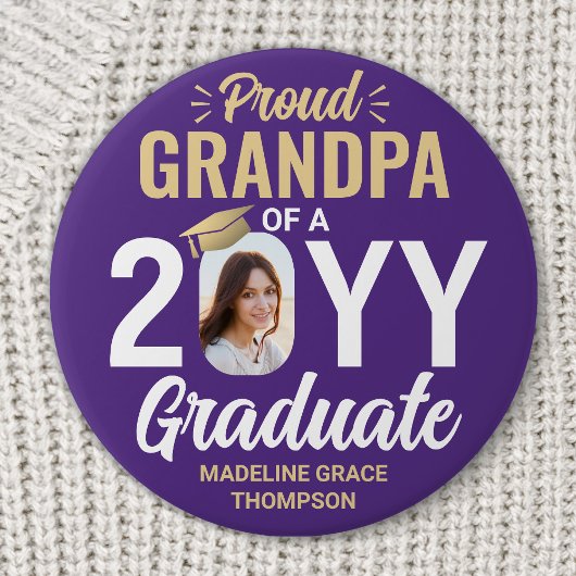 Graduate Photo Proud Grandpa Modern Purple & Gold 缶バッジ