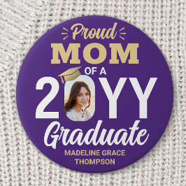 Graduate Photo Proud Mom Modern Purple and Gold 缶バッジ
