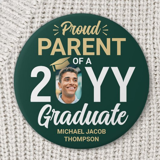 Graduate Photo Proud Parent Modern Green and Gold 缶バッジ