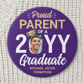 Graduate Photo Proud Parent Modern Purple & Gold 缶バッジ