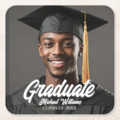 Graduate Photo w Bold Script Graduation Party スクエアペーパーコースター (正面)