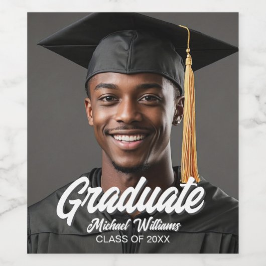 Graduate Photo w Bold Script Graduation Party ワインラベル (シングルラベル)