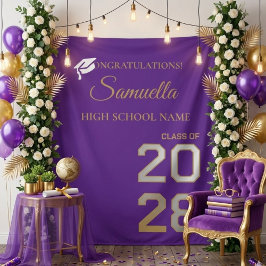 Graduate Purple Gold Script Graduation Party タペストリー