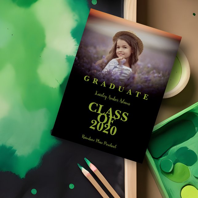 Graduate School Graduation Modern Photo Green Text (Elegant Graduate Graduation Modern Photo Green Announcement Card.)