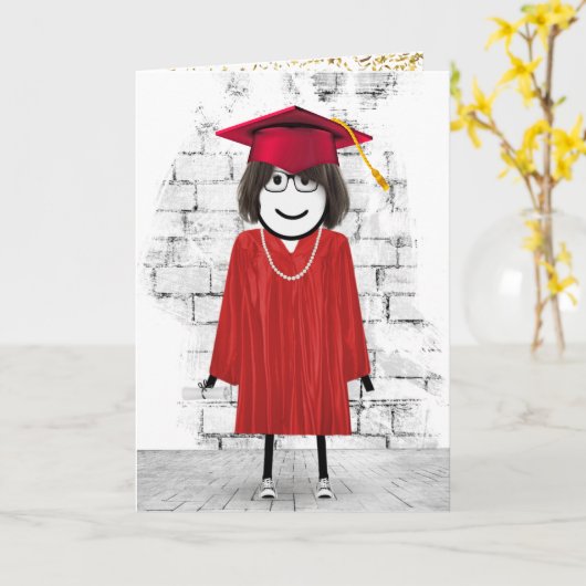 Graduate Stick Figure Girl with Diploma カード (黄色い花)