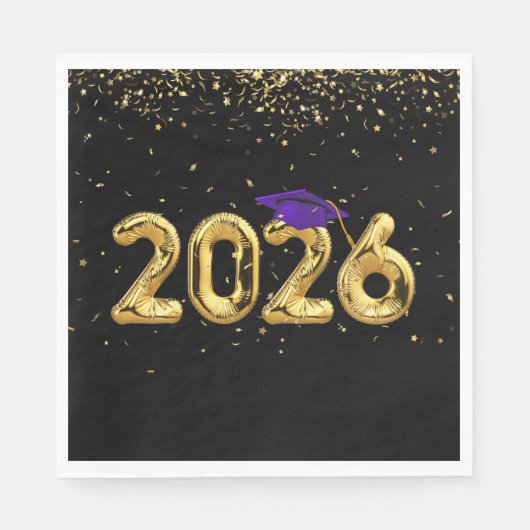 Graduation 2026 Gold Balloons and Purple Cap スタンダードランチョンナプキン (正面)