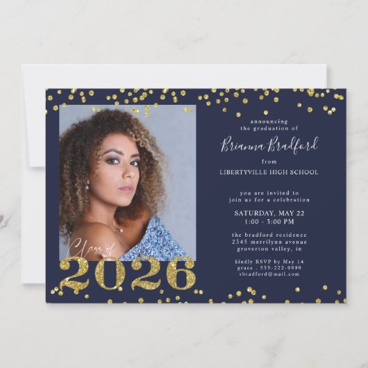 Graduation 2026 Navy Blue Gold Glitter 招待状 (正面)
