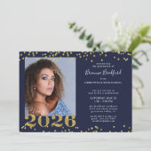 Graduation 2026 Navy Blue Gold Glitter 招待状 (スタンド正面)