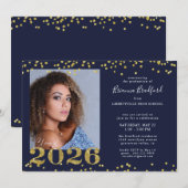 Graduation 2026 Navy Blue Gold Glitter 招待状 (正面/裏面)