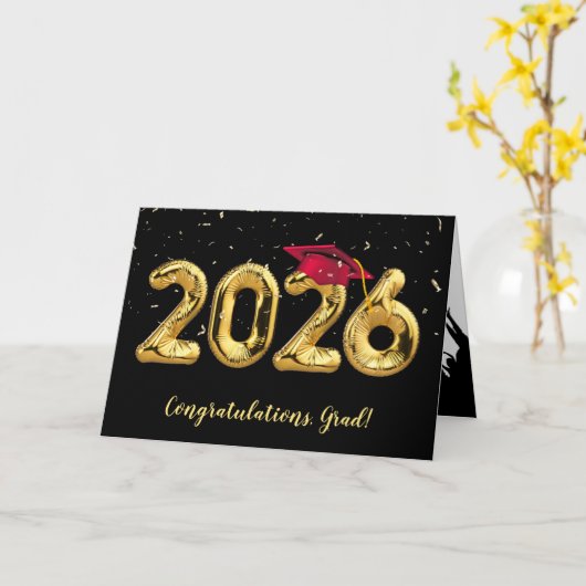 Graduation 2026 With Red Cap and Confetti カード (黄色い花)