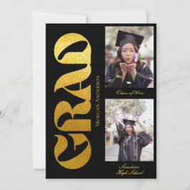 Graduation 2 Photo Black and Gold Announcement  招待状