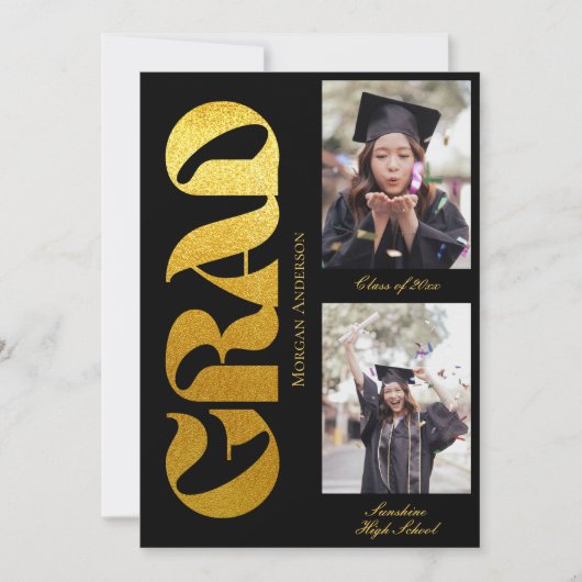 Graduation 2 Photo Black and Gold Announcement 招待状 (正面)