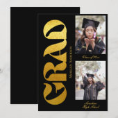 Graduation 2 Photo Black and Gold Announcement 招待状 (正面/裏面)