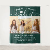 Graduation 3 Photo Collage Dark Green Backdrop タペストリー (正面)