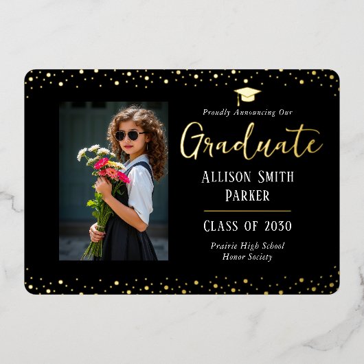 Graduation Announcement Black and Gold Photo 箔招待状 (正面)