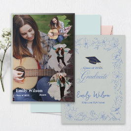 Graduation Announcement | Blue Floral Photo Design 招待状