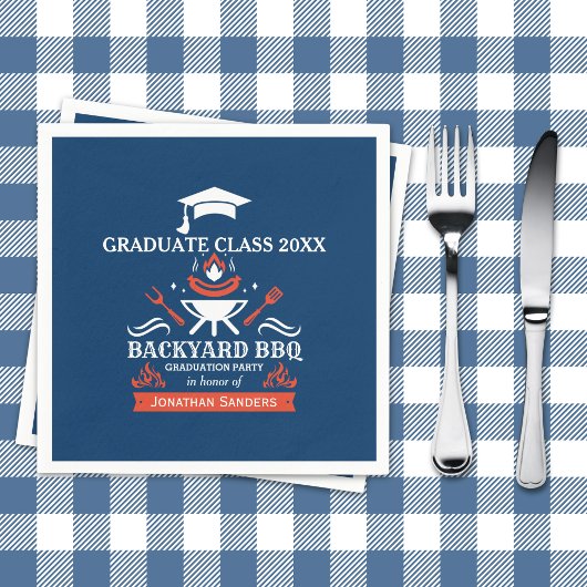 Graduation BBQ Backyard Navy Blue スタンダードカクテルナプキン