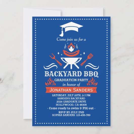 Graduation BBQ Backyard Royal Blue 招待状 (正面)