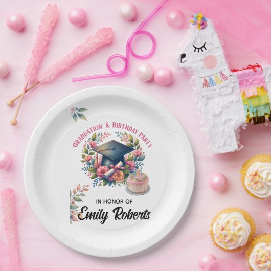 Graduation & Birthday Floral Double Celebration ペーパープレート (パーティー)