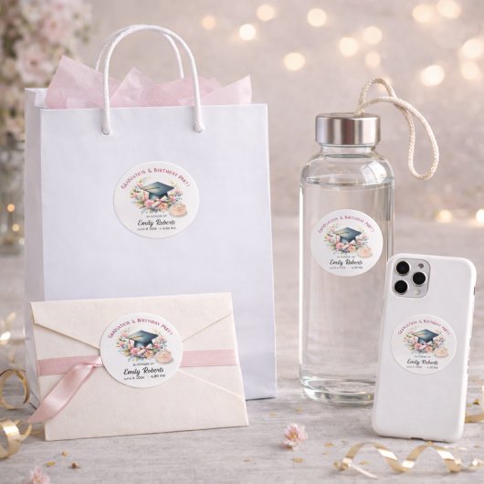 Graduation & Birthday Floral Double Celebration ラウンドシール