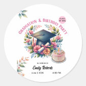 Graduation & Birthday Floral Double Celebration ラウンドシール (正面)