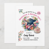 Graduation & Birthday Party Floral Design 招待状 (正面/裏面)