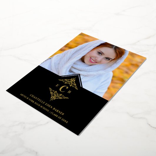 Graduation Black Real Golden Chic Lace Romantic 箔招待状 (回転した状態)