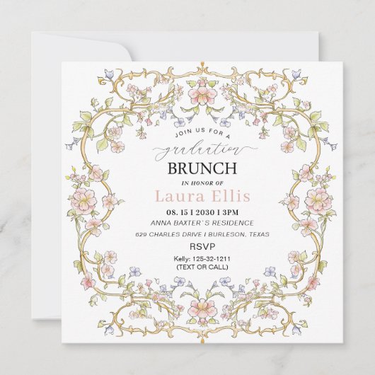 Graduation Brunch elegant modern watercolor 招待状 (正面)