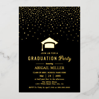 Graduation cap confetti Class Of 2025 black 箔招待状