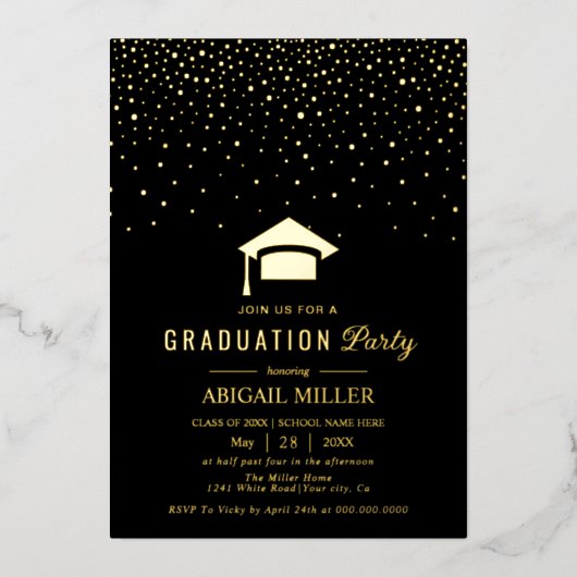 Graduation cap confetti Class Of 2025 black 箔招待状 (正面)