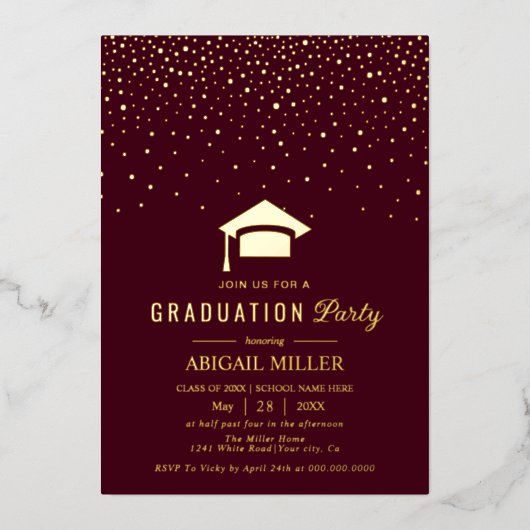 Graduation cap confetti Class Of 2025 burgundy 箔招待状 (正面)