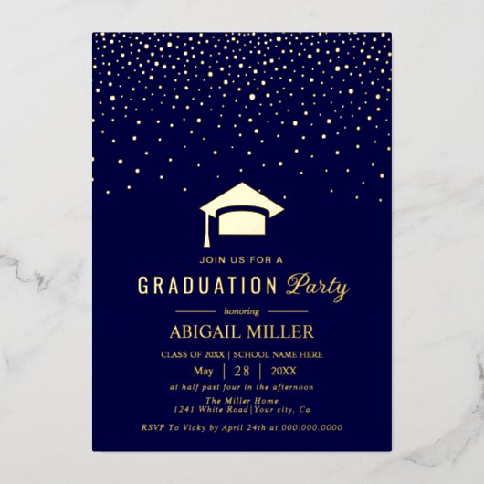 Graduation cap confetti Class Of 2025 navy blue 箔招待状 (正面)
