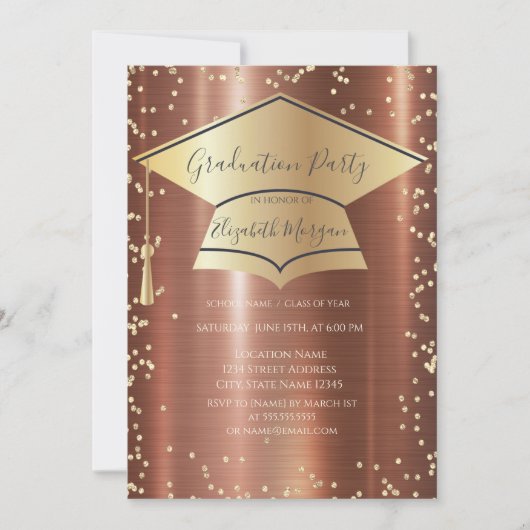  Graduation Cap,Diamonds Brown Metallic Graduation 招待状 (正面)