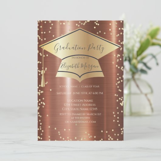  Graduation Cap,Diamonds Brown Metallic Graduation 招待状 (スタンド正面)