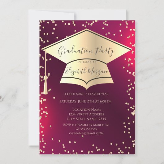 Graduation Cap,Diamonds Frame Red Graduation 招待状 (正面)