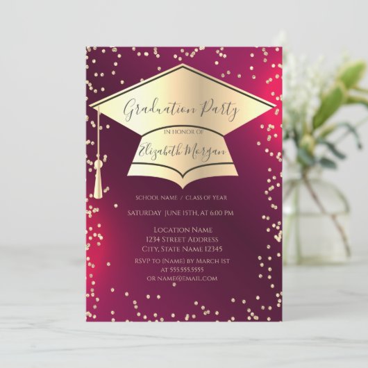 Graduation Cap,Diamonds Frame Red Graduation 招待状 (スタンド正面)