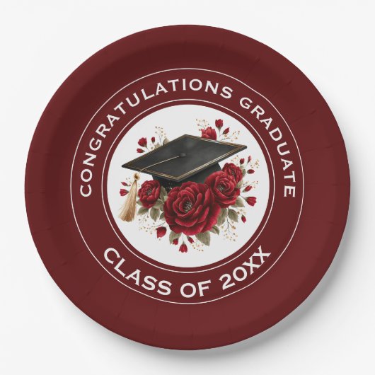 Graduation Cap & Red Roses Class of 20XX  ペーパープレート (正面)