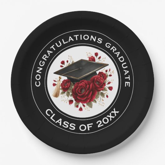Graduation Cap & Red Roses Class of 20XX  ペーパープレート (正面)